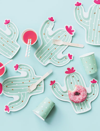 6 kaktusz alakú kartontányér menta, fukszia és arany színben, 23 x 24 cm