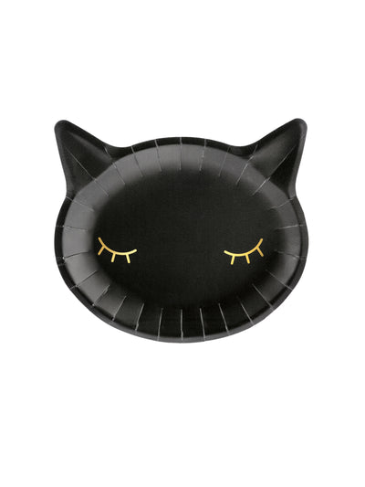 Assiettes en carton tête de chat pour fête noir avec yeux dorés