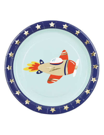 Assiettes en carton petit avion pour enfant bleu à étoiles dorées