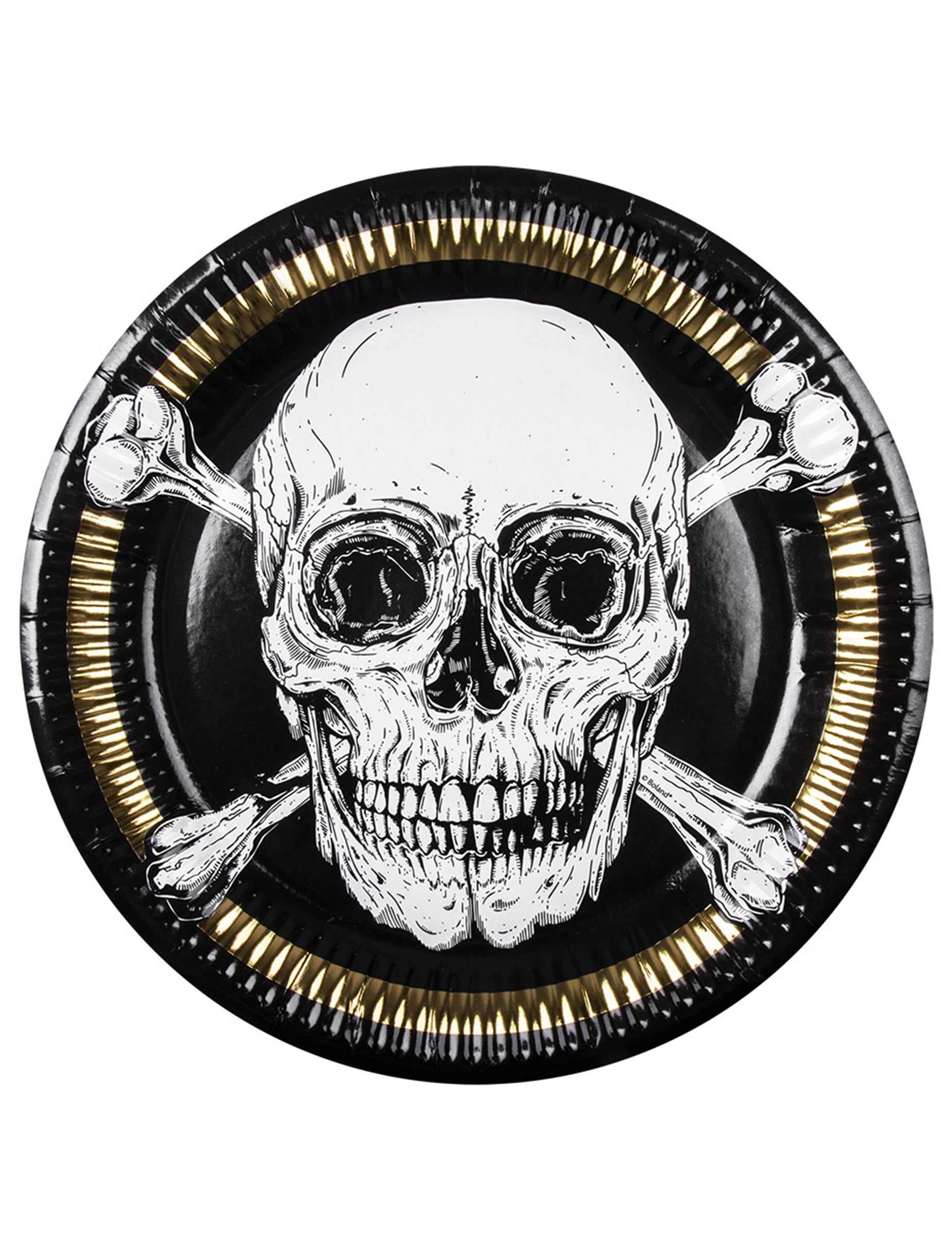 Assiettes en carton Pirate Jolly Roger noir blanc et doré