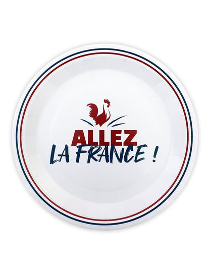 Assiette en carton Allez la France pour supporter blanc avec motif coq et liseré tricolore