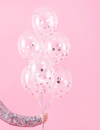 6 átlátszó lufi ezüst konfettivel 30 cm 