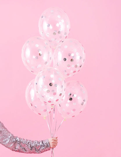 Grappe de ballons transparents confettis argentés pour fête