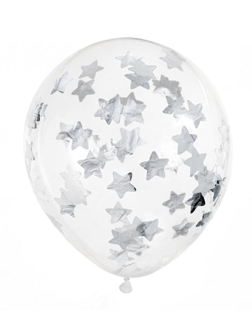 6 átlátszó lufi ezüst csillámos konfettivel 30 cm 