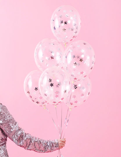 6 átlátszó lufi ezüst csillámos konfettivel 30 cm 