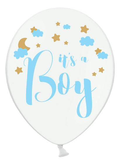Ballon it's a boy pour baby shower blanc avec motifs bleus et dorés