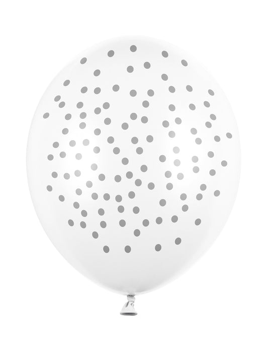 6 ballons en latex à pois argentés pour fête blancs