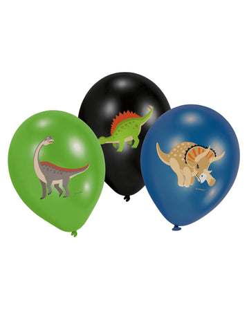 6 latex léggömb nagy dinoszauruszok fekete, zöld és kék 27,5 cm