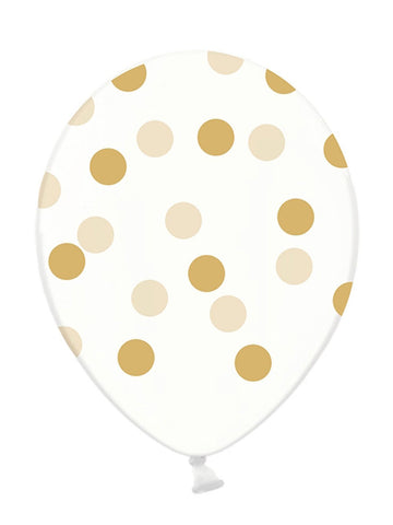 6 átlátszó latex lufi arany okkersárga pöttyökkel 30 cm biológiailag lebomló 