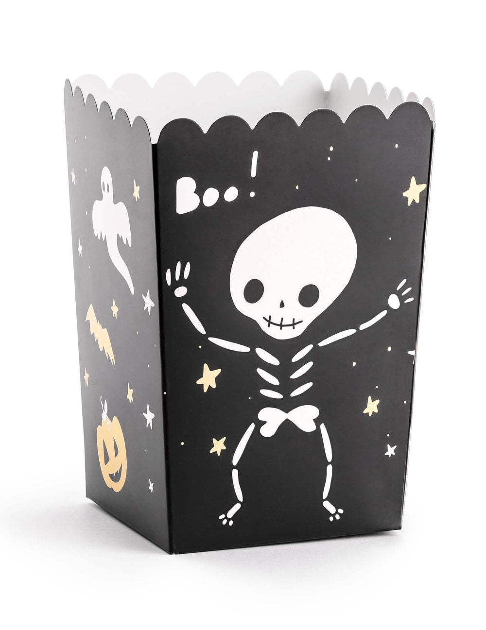 Halloween Boo! popcornos doboz fekete ünnepséghez, csontváz és szellem mintákkal