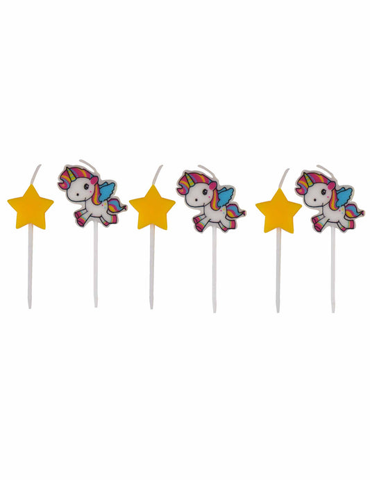 6 bougies licorne pour enfant multicolores avec étoiles jaunes