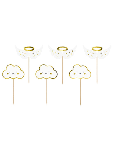 Cake toppers en bois nuages et ailes pour baby shower blancs et dorés métallisés