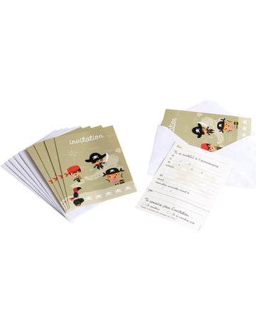 Cartons d'invitation avec enveloppes pirate pour enfant beige avec illustrations de pirates