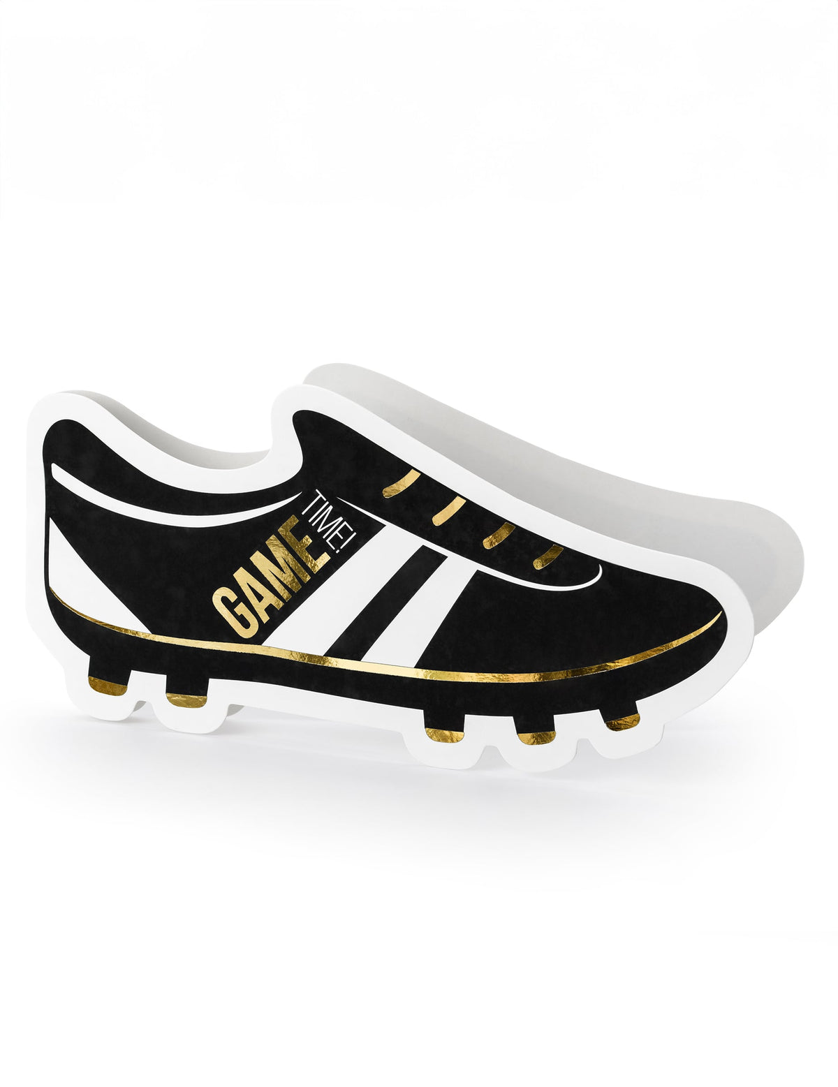 Cartes d'invitation chaussures de foot pour anniversaire noir et blanc avec détails dorés
