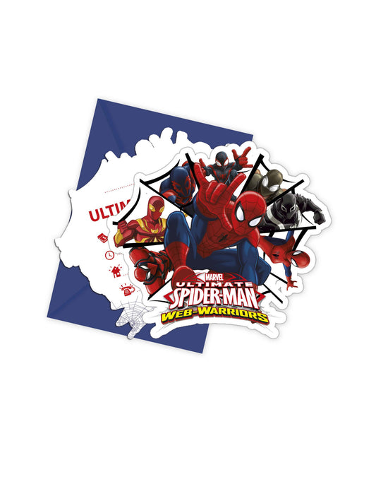 Cartes d'invitation avec enveloppes Spiderman Web-Warriors pour enfant bleues et rouges
