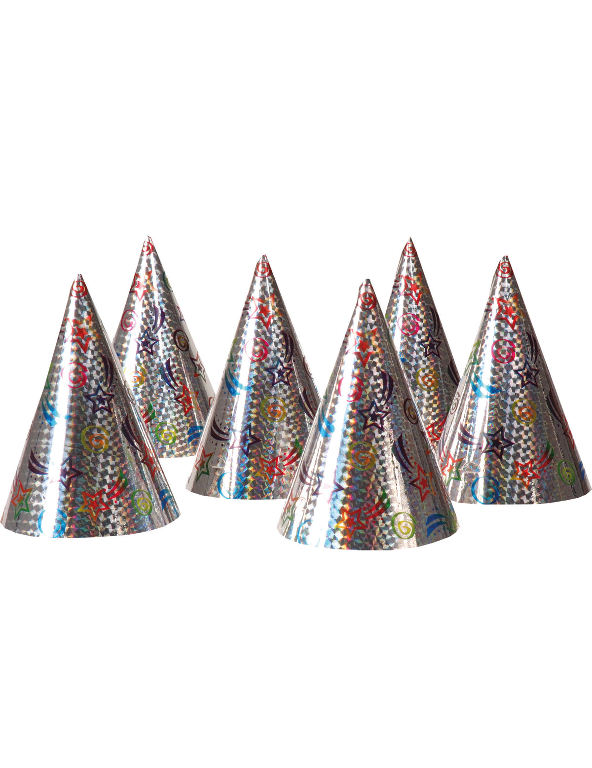 Chapeaux de fête holographiques étoiles pour enfant et adulte argentés à motifs colorés