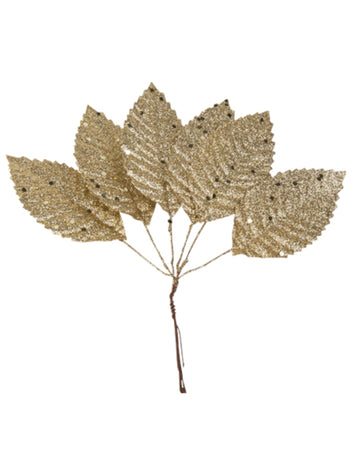 6 feuilles sur tige pour Noël paillettes champagne
