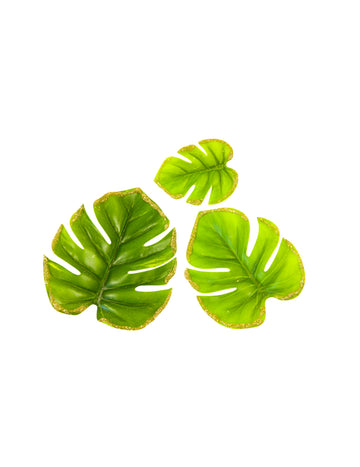 6 db trópusi levél csillogó szélekkel, 10 x 8 cm zöld és arany