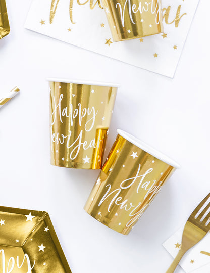 6 db metál arany csillagmintás "Boldog Új Évet" kartonpohár, 220 ml