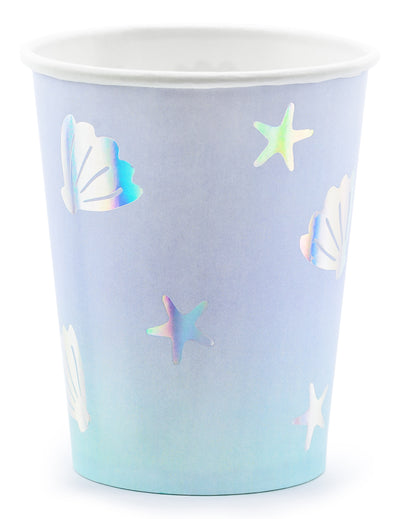 Gobelet en carton licorne des mers bleu iridescent avec coquillages et étoiles de mer