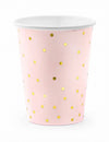 Gobelets en carton rose pâle et pois dorés pour fête rose et or