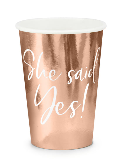 6 rozéarany kartonpohár, "She Said Yes", 220 ml, leánybúcsúra