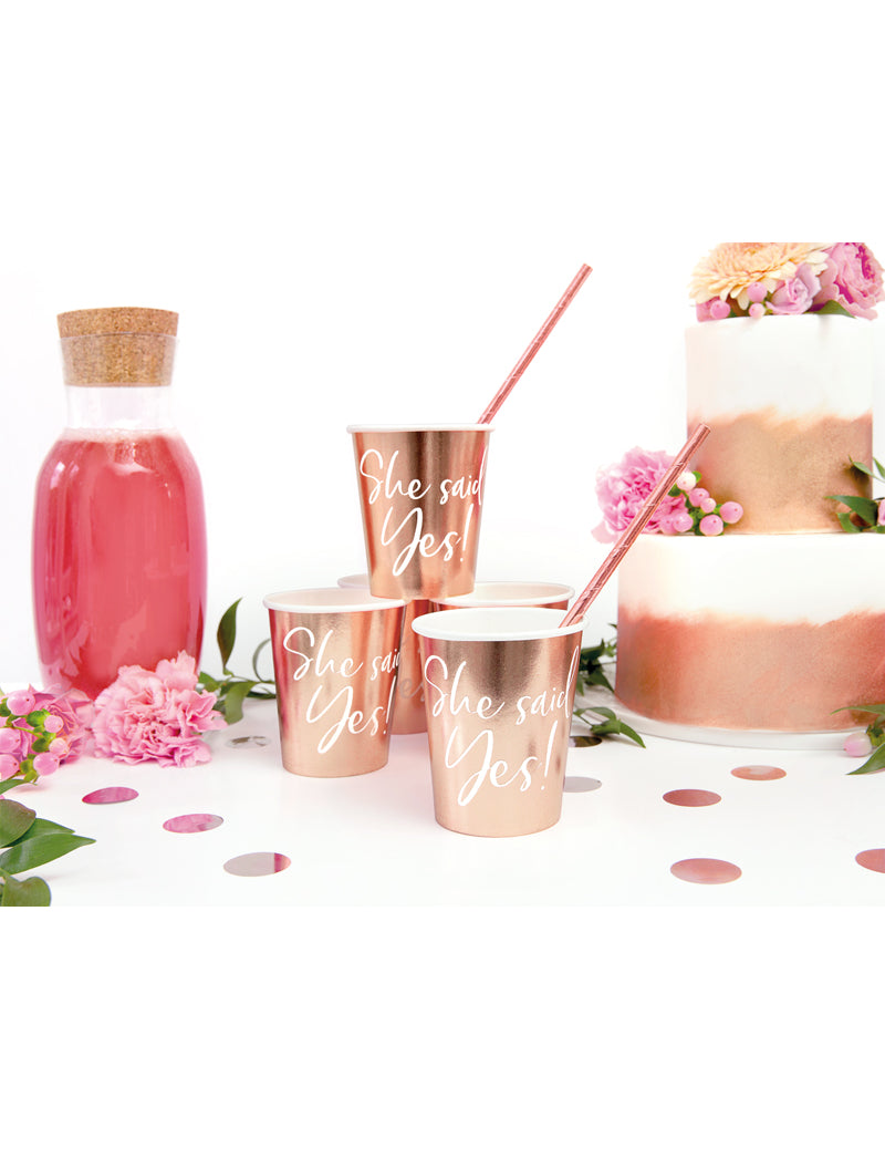 6 rozéarany kartonpohár, "She Said Yes", 220 ml, leánybúcsúra