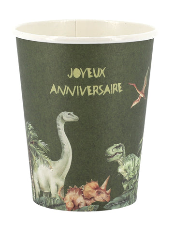 6 db Boldog születésnapot dinoszaurusz pohár, zöld karton, 255ml, dzsungel témájú