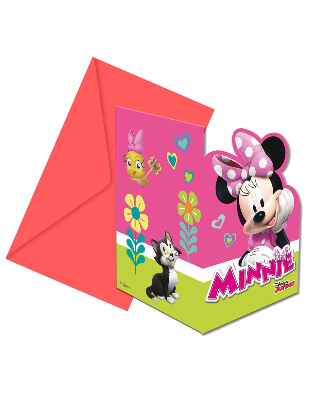 Minnie Happy gyermek rózsaszín és piros meghívók borítékokkal