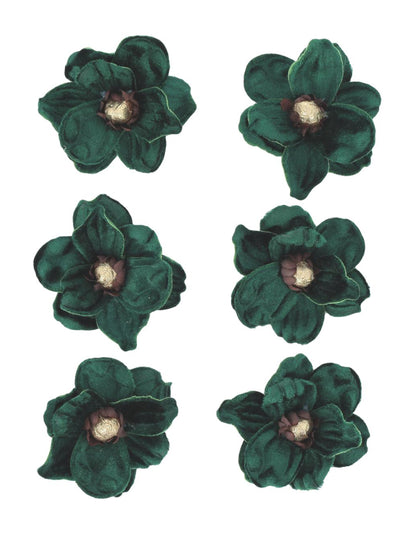 6 magnolias adhésifs velours vert foncé et or 6 cm