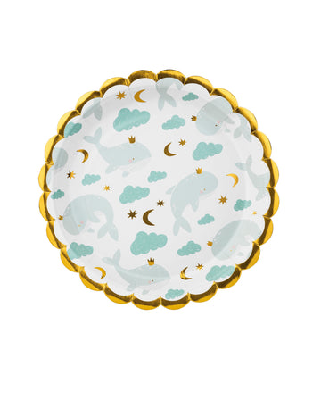 6 db kis égszínkék bálna papírtányér 18 cm arany szegélyekkel