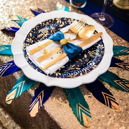 6 etnikai toll pávakék és arany színben 18-20 cm csillogó