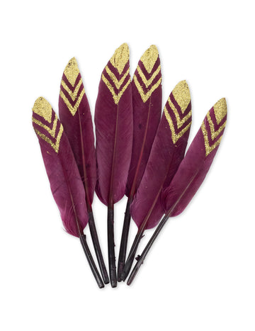 6 etnikus marsala toll és arany csillámos toll 14 cm ünnepi dekorációhoz 