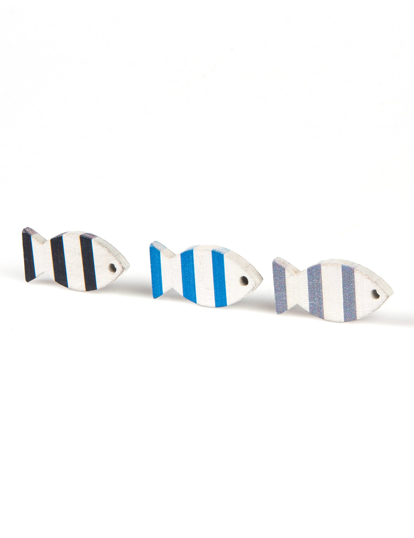 6 kék dekoratív és szürke fa hal 3 x 2 cm
