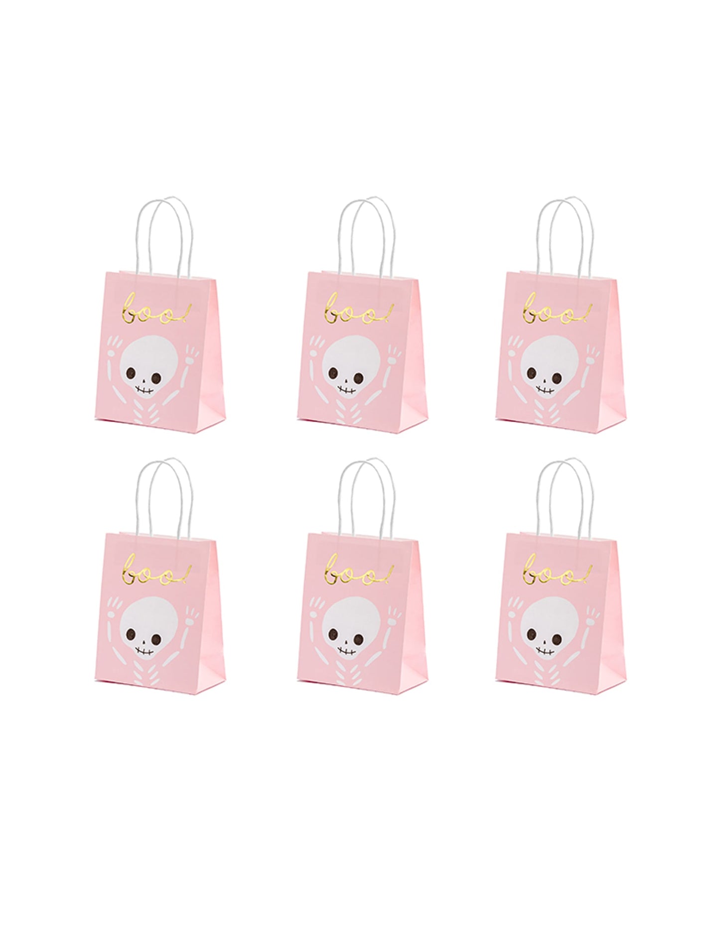 Sacs à bonbons boo pour Halloween roses et blancs avec motif squelette