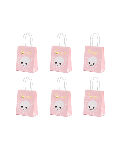 Sacs à bonbons boo pour Halloween roses et blancs avec motif squelette