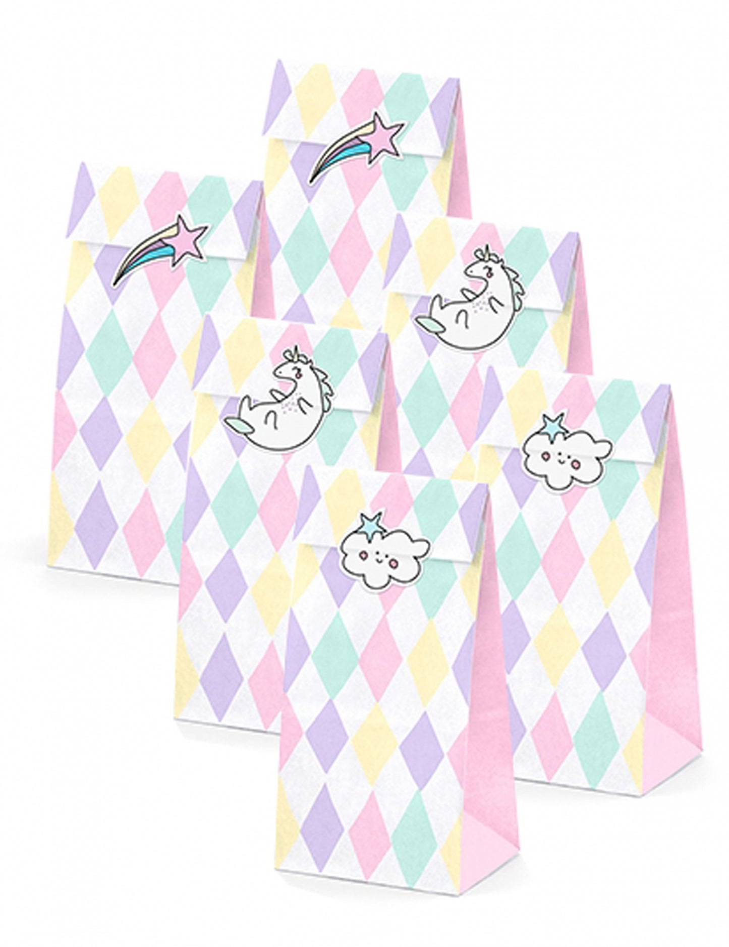 6 pasztellszínű papír unikornis ajándéktasak, 8 x 18 x 6 cm
