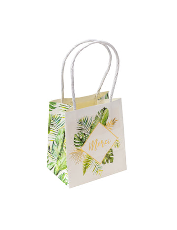 6 elefántcsont színű, trópusi kartonból készült köszönőtasak aranyfólia szegéllyel, 11 x 10 x 7 cm cm parti ajándékok