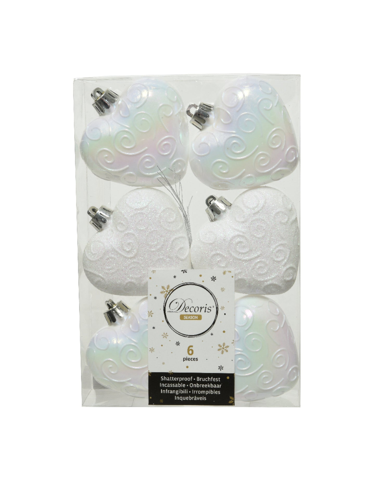 6 fehér szív alakú karácsonyfadísz felfüggesztés 6 cm 