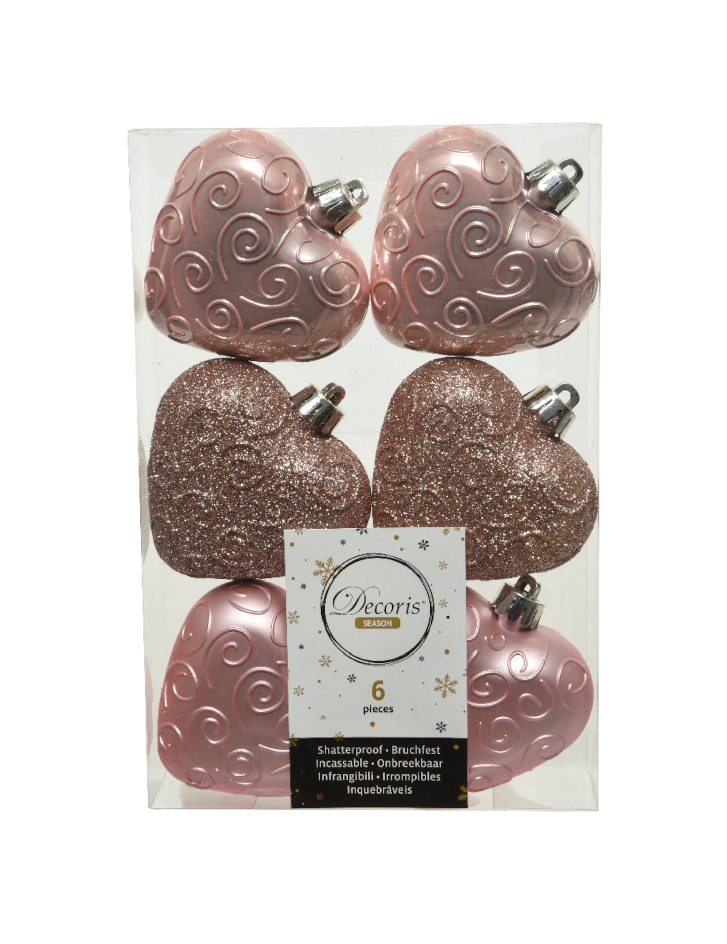 6 db rózsaarany szív alakú karácsonyfadísz, 7,5 cm 