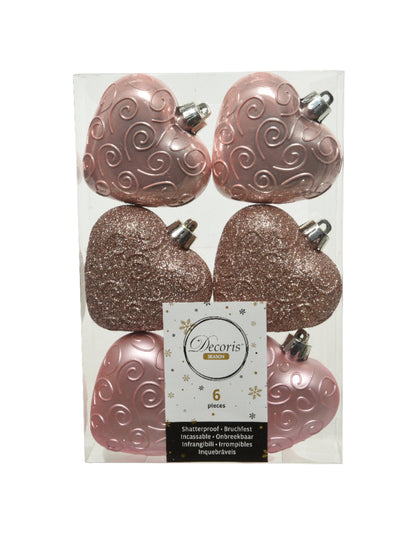 6 db rózsaarany szív alakú karácsonyfadísz, 7,5 cm 