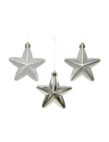 6 db ezüst csillag alakú karácsonyfadísz 7,5 cm 