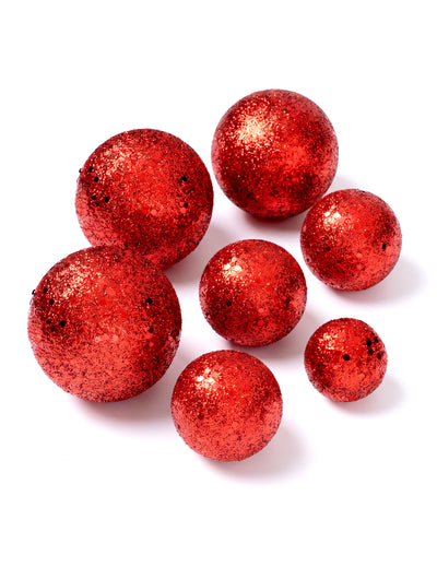 7 darab piros csillámos gömb, 3,5–6,5 cm