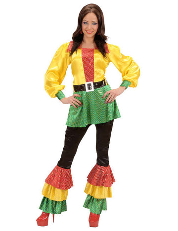 70-es évek diszkó szaténruha flitterekkel, sárga-piros-zöld 