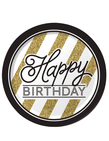 Assiettes en carton Happy Birthday pour anniversaire noir et or à rayures pailletées