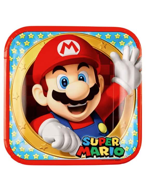 Super Mario papírtányérok ünnepségre, piros és kék színben, csillagmintával
