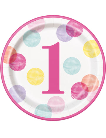 8 db rózsaszín és fehér első születésnapi papírtányér 23 cm pöttyös