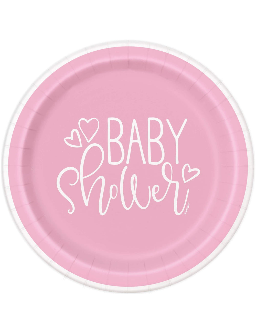 Lányos baby shower papírtányérok rózsaszínben és fehérben, szívekkel