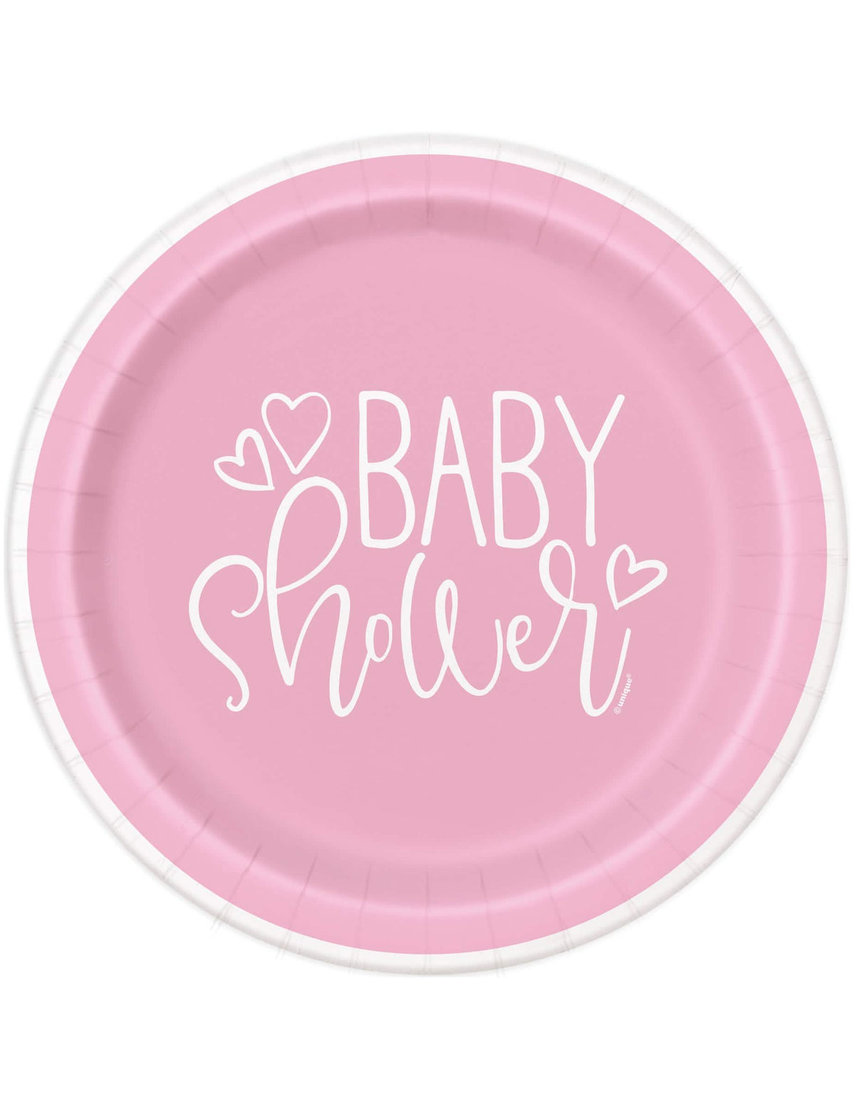 Lányos baby shower papírtányérok rózsaszínben és fehérben, szívekkel