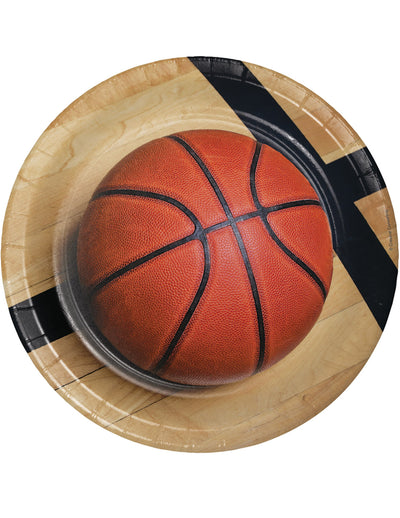 Assiettes en carton ballon de basket pour fête thème sport orange avec aspect parquet bois